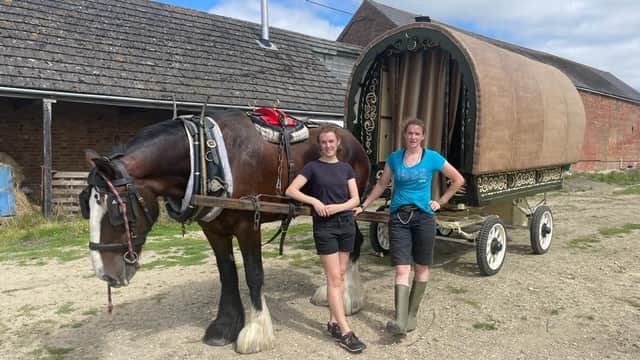 Cecily and Pia Gillick with their gypsy caravan.