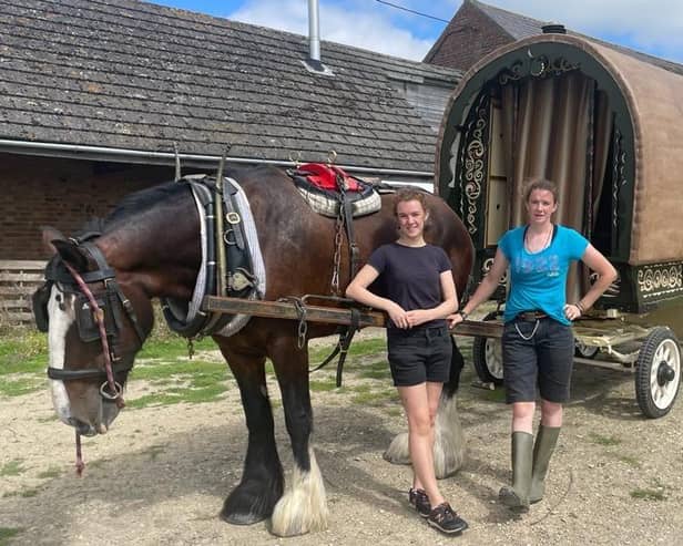 Cecily and Pia Gillick with their gypsy caravan.