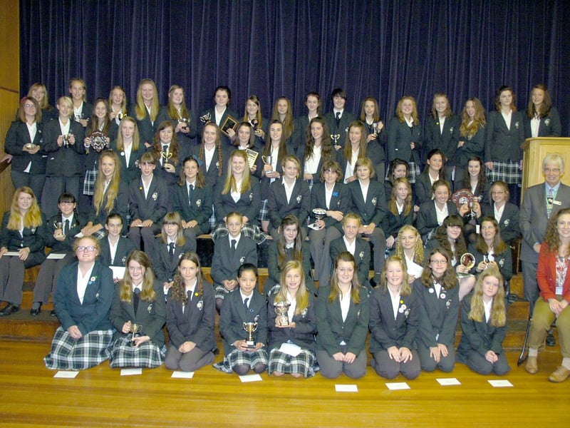 Kesteven and Sleaford High School junior prize-winners of 2013 with chairman of govenors Robin Baker and guest speaker Harriet Spence, of Go Dance, Sleaford.
