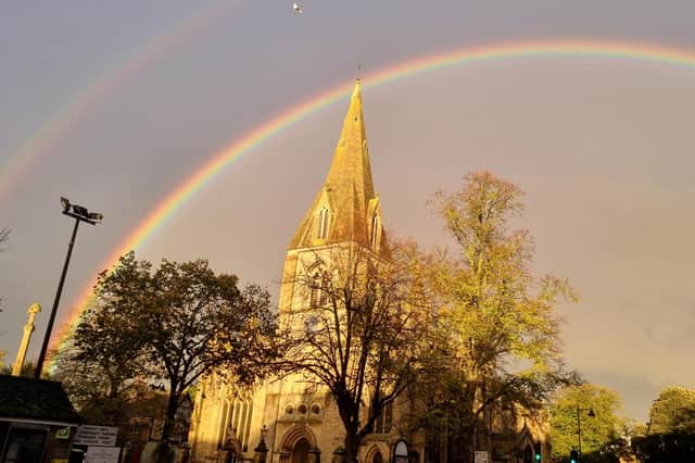 The double rainbow above St Denys' Church, Sleaford.