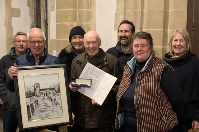 Jack Gill Stafford (centre) marks his retirement with Chairman, John Hairsine on his left, and fellow members of Wickenby Parish Council