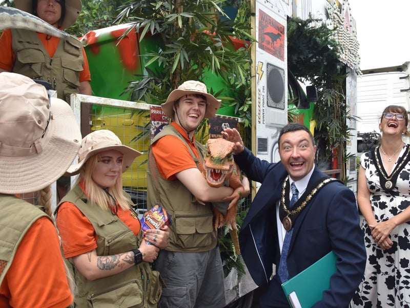 Roaring success - Mayor of Skegness Coun Jimmy Brookes at the Jurassic Park themed float from Fantasy Island which won the trade category. Photo: Barry Robinson.