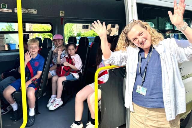 Charity CEO Janine Holmes with children setting off from the Derbyshire Children’s Holiday Centre and in Skegness.