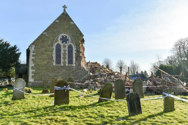 St John the Baptist, High Toynton, when the tower collapsed in 2020.