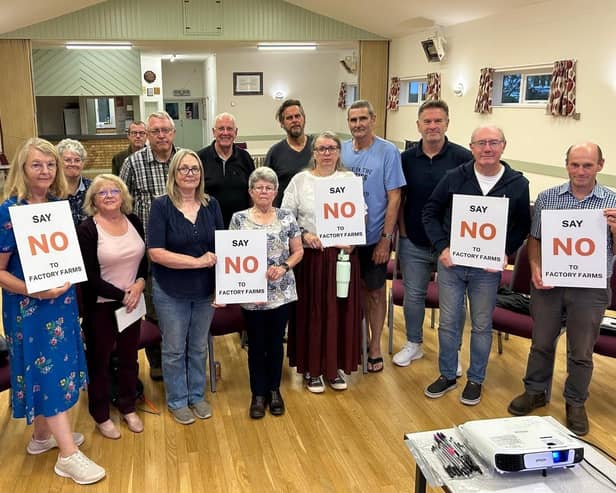 Villagers objecting to the new chicken farm at Scopwick village hall. Photo: CAFF