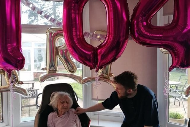 Bea Rapley celebrating her 104th birthday with Tyler Brown