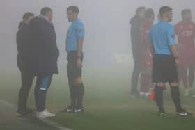 Boston United's game with Southend United was called off after seven minutes after the fog rolled in.