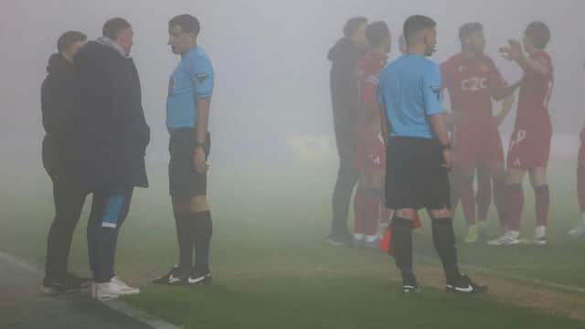 Boston United's game with Southend United was called off after seven minutes after the fog rolled in.