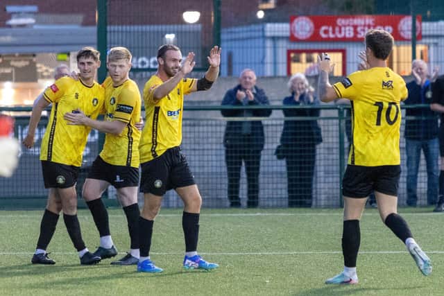 Trinity celebrate a goal at Quorn on Tuesday night. Photo by Ben Page.