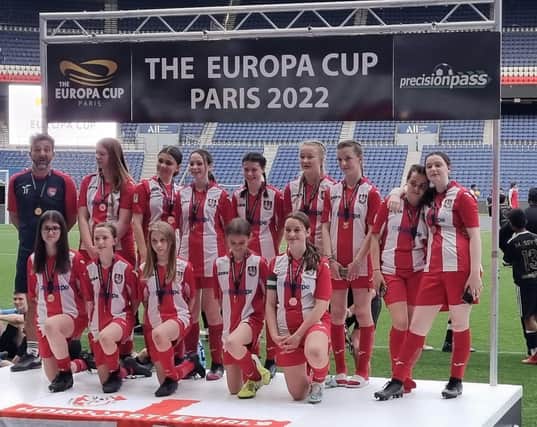 The Horncastle U14 girls at the Europa Cup at PSG's stadium.