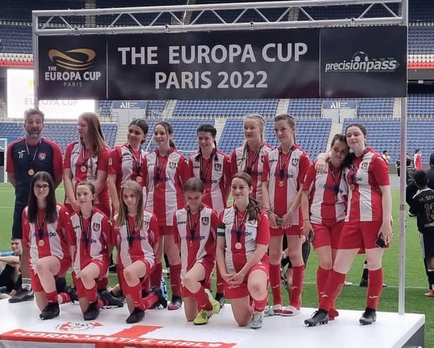The Horncastle U14 girls at the Europa Cup at PSG's stadium.