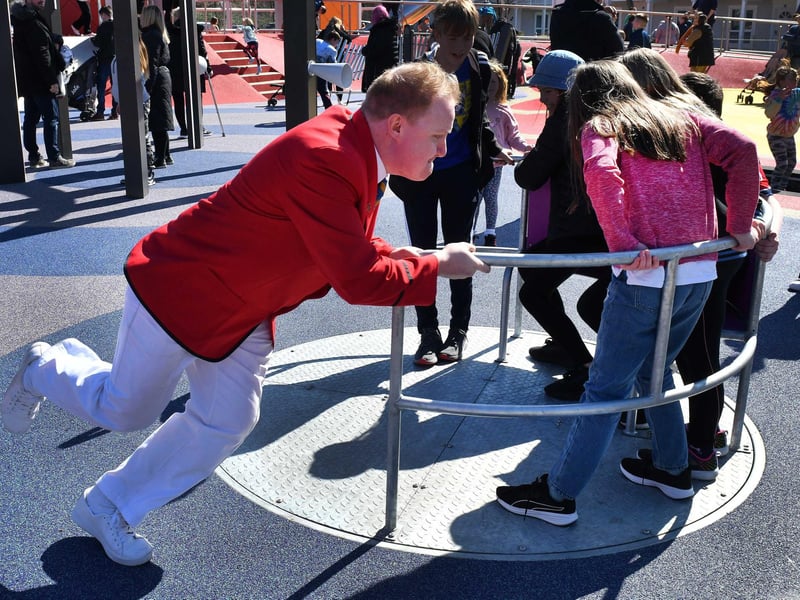 Red Coat Gareth gets the roundabout on the new SKYPARK moving.