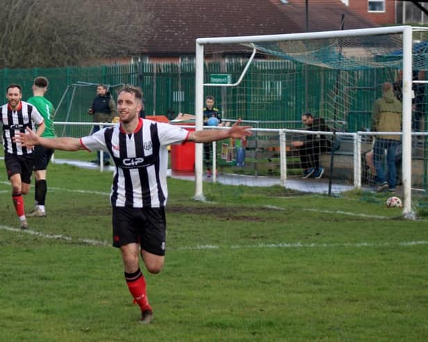 Brigg celebrate scoring at Swallownest on Saturday. Photo: Brigg Town FC.