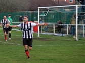 Brigg celebrate scoring at Swallownest on Saturday. Photo: Brigg Town FC.