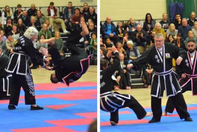 Black belts Hilary Groves, 85, and Chris Johnson, 76, from Boston, Lincolnshire, give a demonstration at the WKSA UK Championships in Liverpool.
