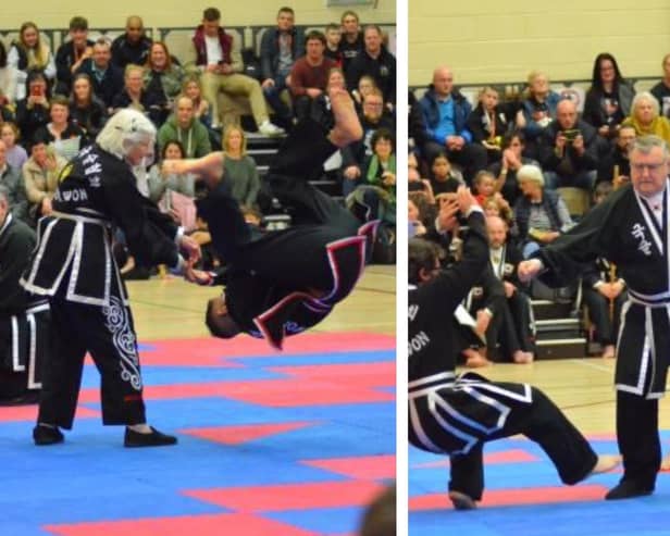 Black belts Hilary Groves, 85, and Chris Johnson, 76, from Boston, Lincolnshire, give a demonstration at the WKSA UK Championships in Liverpool.