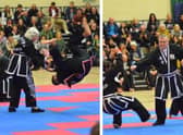 Black belts Hilary Groves, 85, and Chris Johnson, 76, from Boston, Lincolnshire, give a demonstration at the WKSA UK Championships in Liverpool.