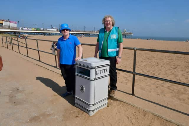 Skegness Central Beach looking relatively clean - with Phil Gaskell (right). of Coastal Access for All, and John Byford.