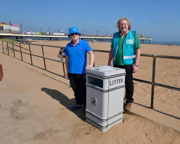 Skegness Central Beach looking relatively clean - with Phil Gaskell (right). of Coastal Access for All, and John Byford.