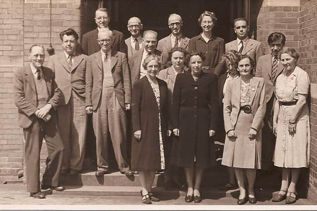 Horncastle Grammar School Staff 1947-1948.Top row, left to right. J.S. McAnlis, Reginald Brown, Fred Isherwood, Acting Head Master, Freda Wheeler, and J. Martin Cook.Third row: Herman Ashley, , Prof. Leach, Mr. Davies, and F. GrebbySecond Row, Emma M. Hall, and Mildred ParishFront Row, Mr. Finch, Mrs. Parkinson, Rebe Green, Mable Hare, and Mary Scholey, School Secretary