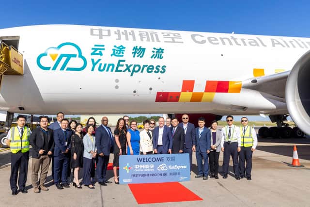 Representatives from the Chinese Embassy to the UK, Chinese Chamber of Commerce and East Midlands Chamber of Commerce welcomed the new arrival at East Midlands Airport