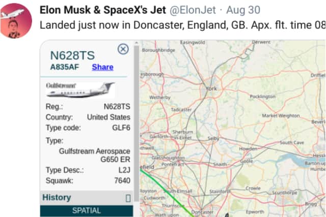 The businessman's plane touched down in Doncaster, according to Twitter.