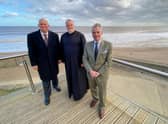 The sea is much calmer today - Coun Colin Davue, the Rev Richard Holden and the Lord-Lieutenant of Lincolnshire  Mr Toby Dennis.