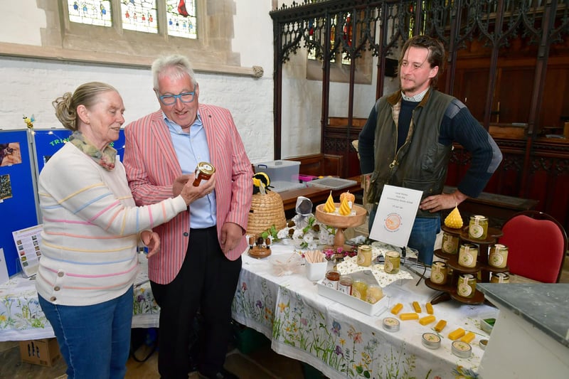 Dorothy Selfe of Trinity Bees with Richard Fenwick of Louth, Will Hamilton of The Lincolnshire Wolds Honey Company. In St Andrews Church