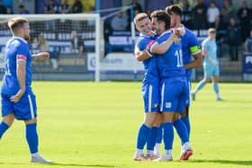 Gainsborough celebrate scoring on Saturday against Grantham. Photo: Heather King Photography.