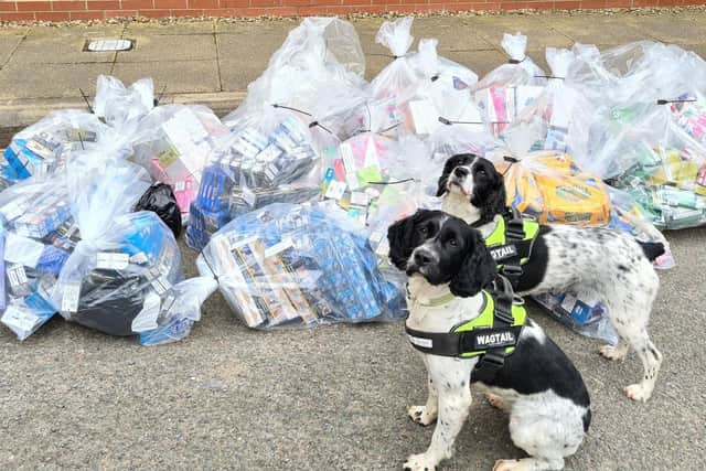 Sniffer dogs with illegal tobacco products seized from premises in Grantham.