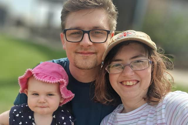 Cancer-hit mum Kerry Johnson, 28, with husband Jamie and two-year-old daughter, Evelyn.