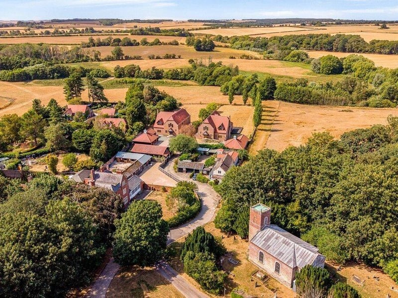 An aerial view of the property and its surroundings.