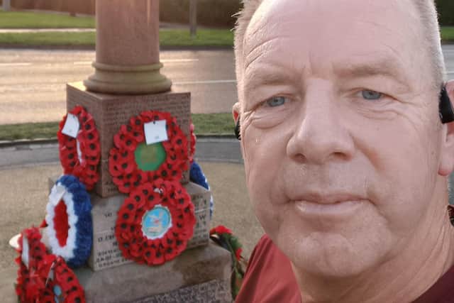 Sgt Jonny Guite at the memorial in the Lincolnshire town of Coningsby.