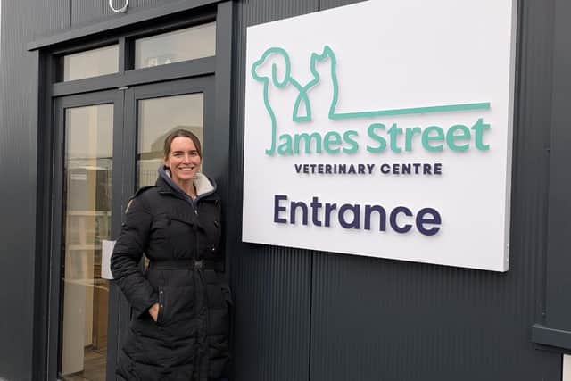 Business owner Sophie Bett by the entrance of the new James Street Veterinary Centre premises in Louth.
