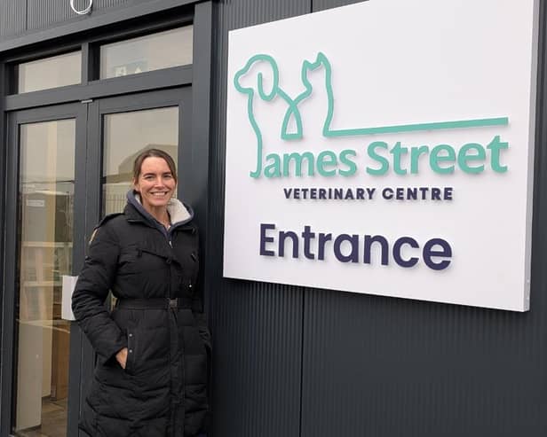 Business owner Sophie Bett by the entrance of the new James Street Veterinary Centre premises in Louth.