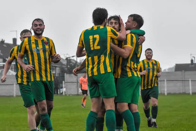 Goalscorer Kyle Radford gets the congratulations. Pic by Ryan Thompson, Happy Snapz Photography.