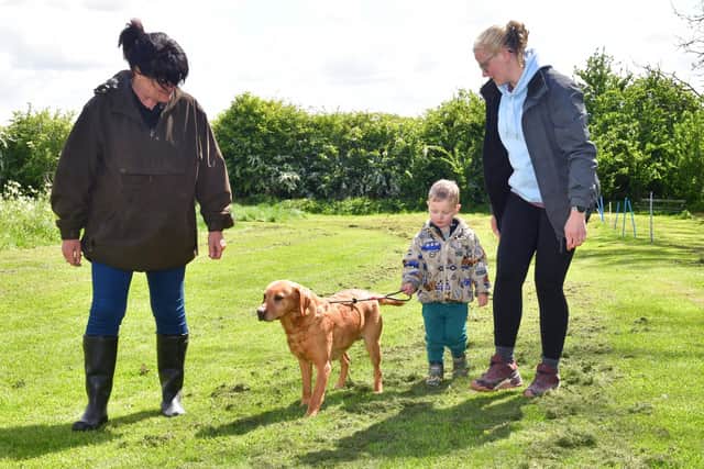 Kugae's Karen Anderson (left) introduces two-year-old Bentley Ward and mum Steph Ward to therapy dog, Rain. (PHOTO BY: D.R. Dawson Photography)