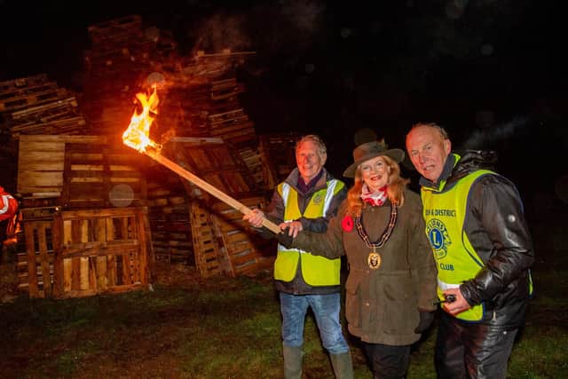 Louth Rotary president Brian Wood with Louth Mayor Julia Simmons and Louth Lions Mike Armstrong.