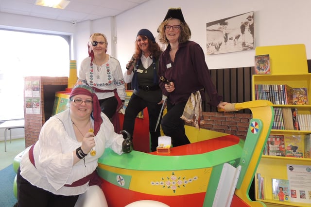 Pirate themed antics for World Book day at Sleaford Library. L-R: Steph Pleasance, Sarah Holland, Helen Keeping and Jo Hubbert.