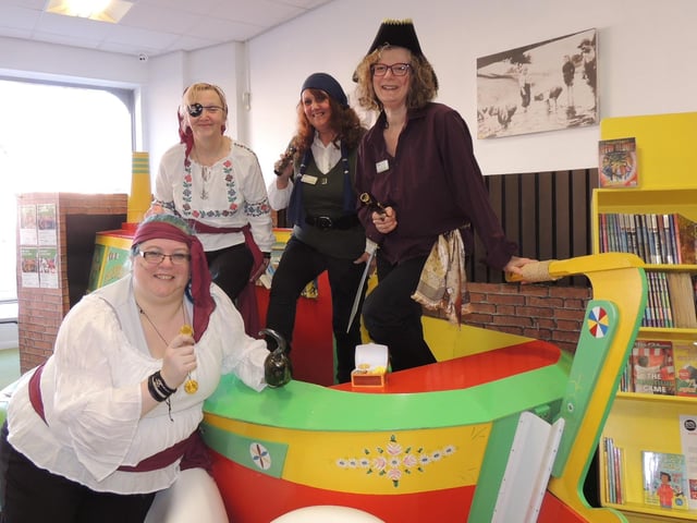 Pirate themed antics for World Book day at Sleaford Library. L-R: Steph Pleasance, Sarah Holland, Helen Keeping and Jo Hubbert.