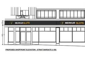 The proposed changes to the frontage of 14-16 Strait Bargate, Boston, showing the Merkur Slots signage.