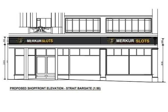 The proposed changes to the frontage of 14-16 Strait Bargate, Boston, showing the Merkur Slots signage.