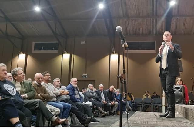 MP for Boston and Skegness Matt Warman addressing the public meeting in Skegness.