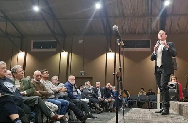 MP for Boston and Skegness Matt Warman  addressing the public meeting  in Skegness.