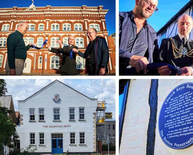 Scenes from the unveiling of the blue plaques at Swan House and Church Keys House (pictures: Kevin Hoyles/Alaris Media), and the other recipient, the Boston Salvation Army building, in High Street (picture: contributor).