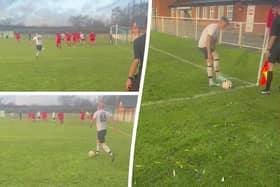 The corner kick routine that led to a goal for AFC Hackleton 