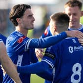 Gainsborough Trinity celebrate Ronnie Kokkinos's goal on Saturday. Photo by Sean Cook, Foxby Media.
