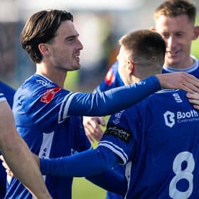 Gainsborough Trinity celebrate Ronnie Kokkinos's goal on Saturday. Photo by Sean Cook, Foxby Media.