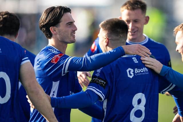 Gainsborough Trinity celebrate Ronnie Kokkinos's goal on Saturday. Photo by Sean Cook, Foxby Media.