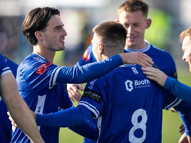 Gainsborough Trinity celebrate Ronnie Kokkinos's goal on Saturday. Photo by Sean Cook, Foxby Media.